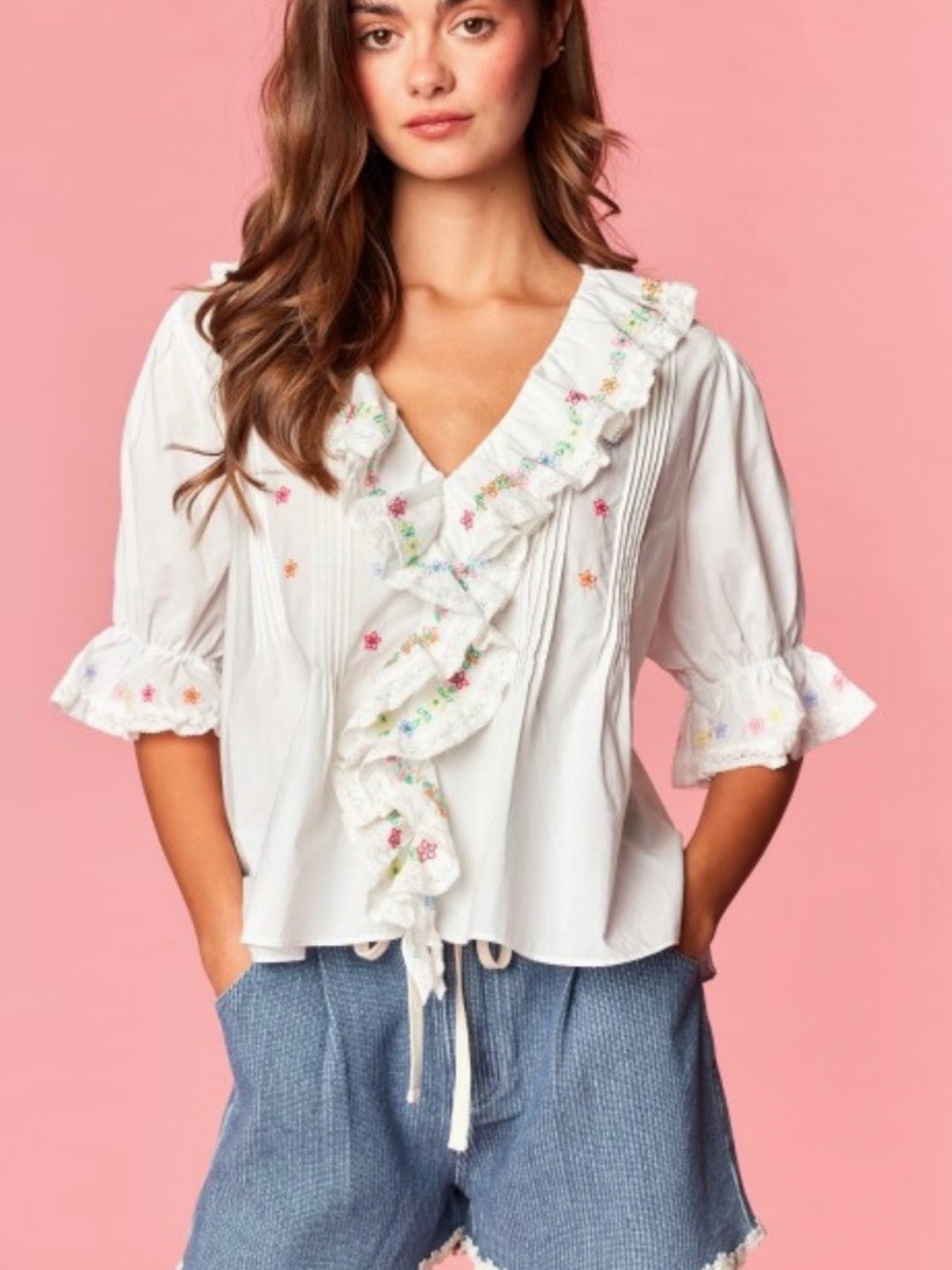 White Ruffle V‑Neck Embroidered Peasant Blouse - Picture 2 of 3